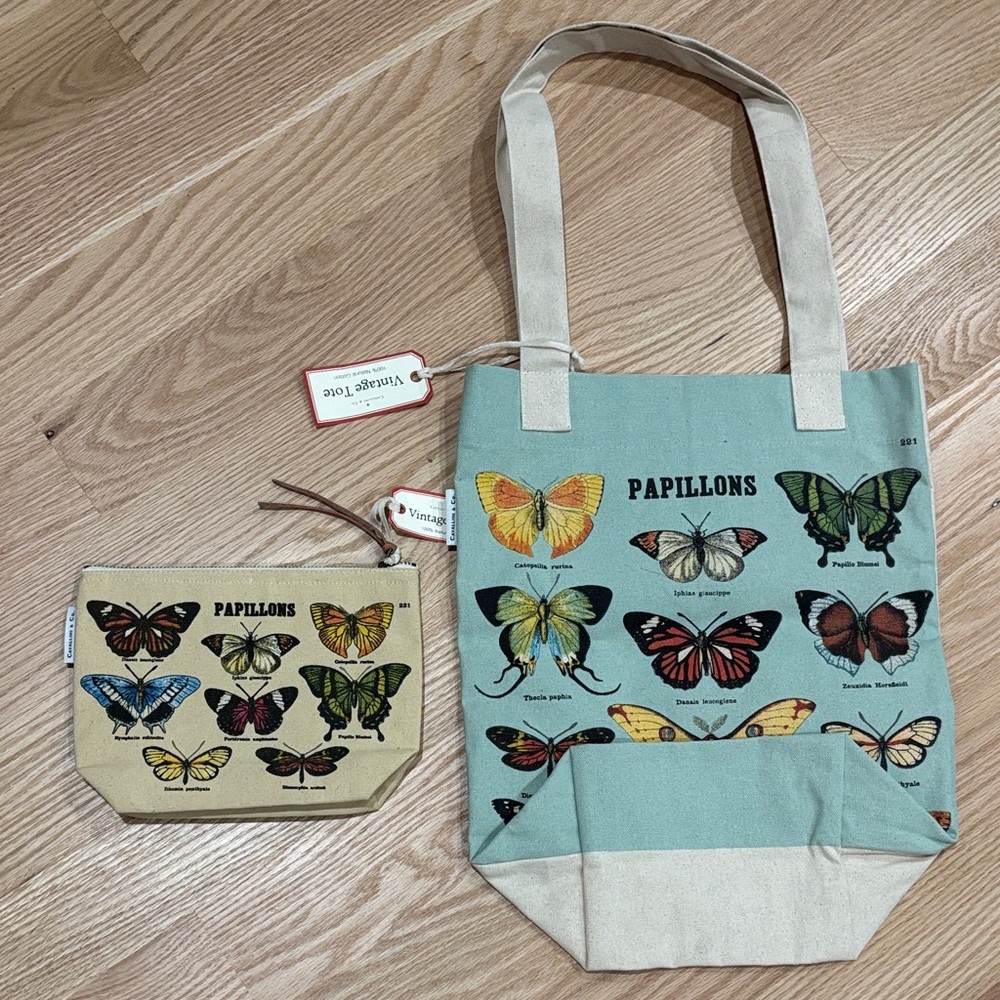 Vintage Butterfly Print Tote and Pouch Set - Blue and Tan